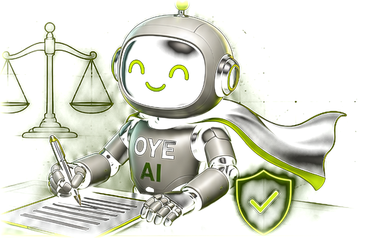 OYE AI mascot signing a document